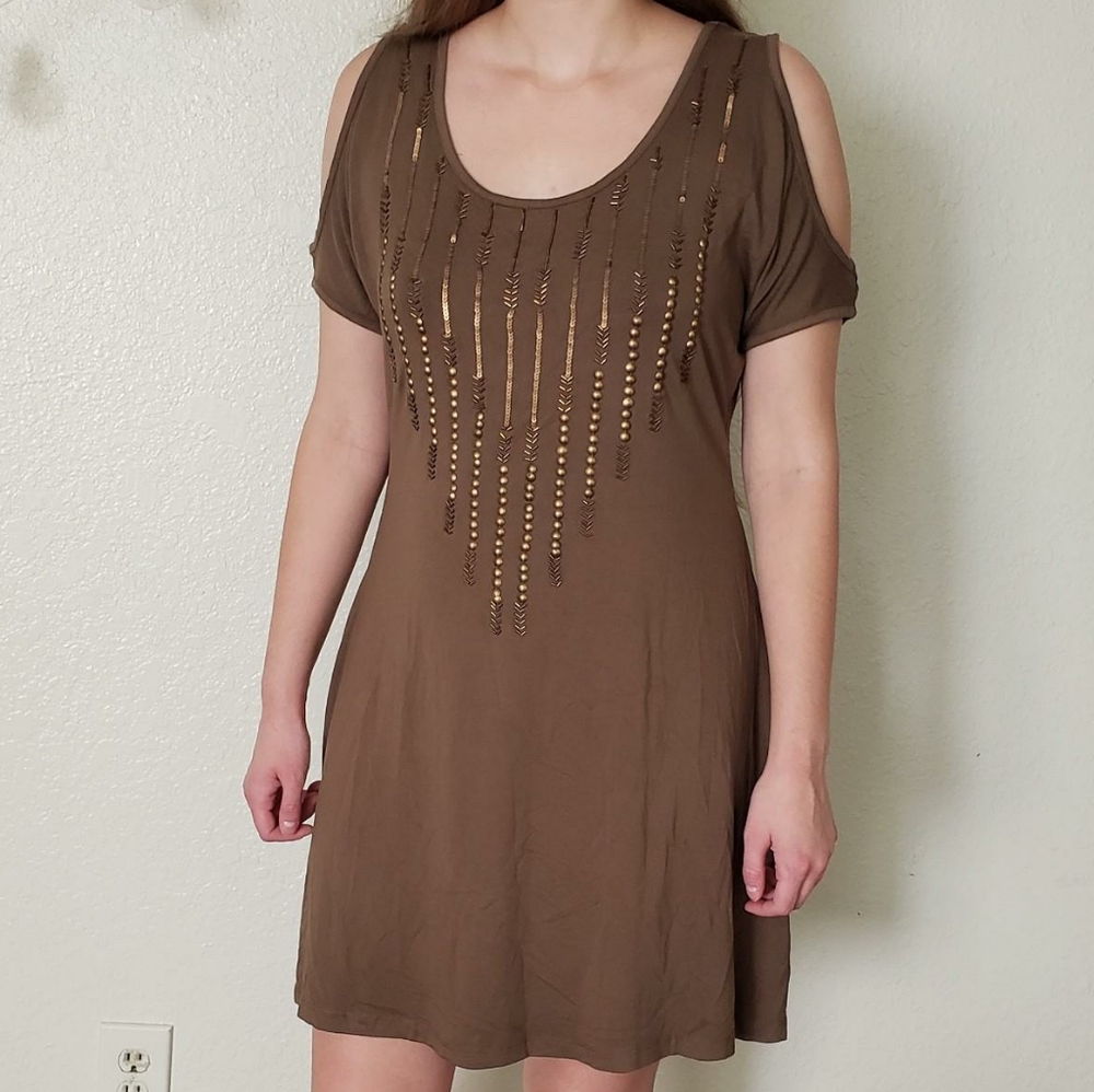 Charming Charlie Khaki Brown Beaded Cold Shoulder Dress Size Large